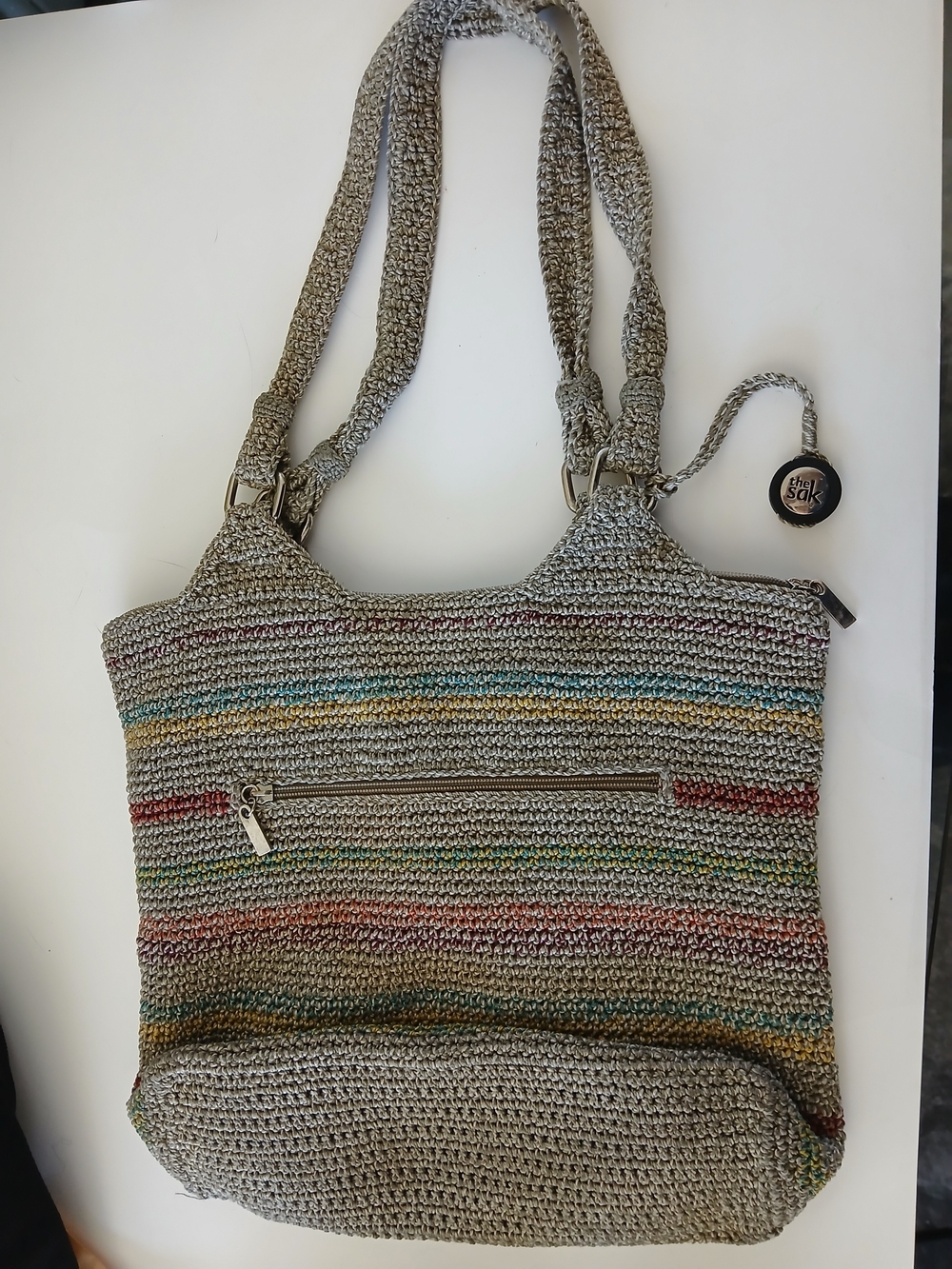 The Sak Taupe W/ Multicolor Stripes Crochet Zip Tote Bag